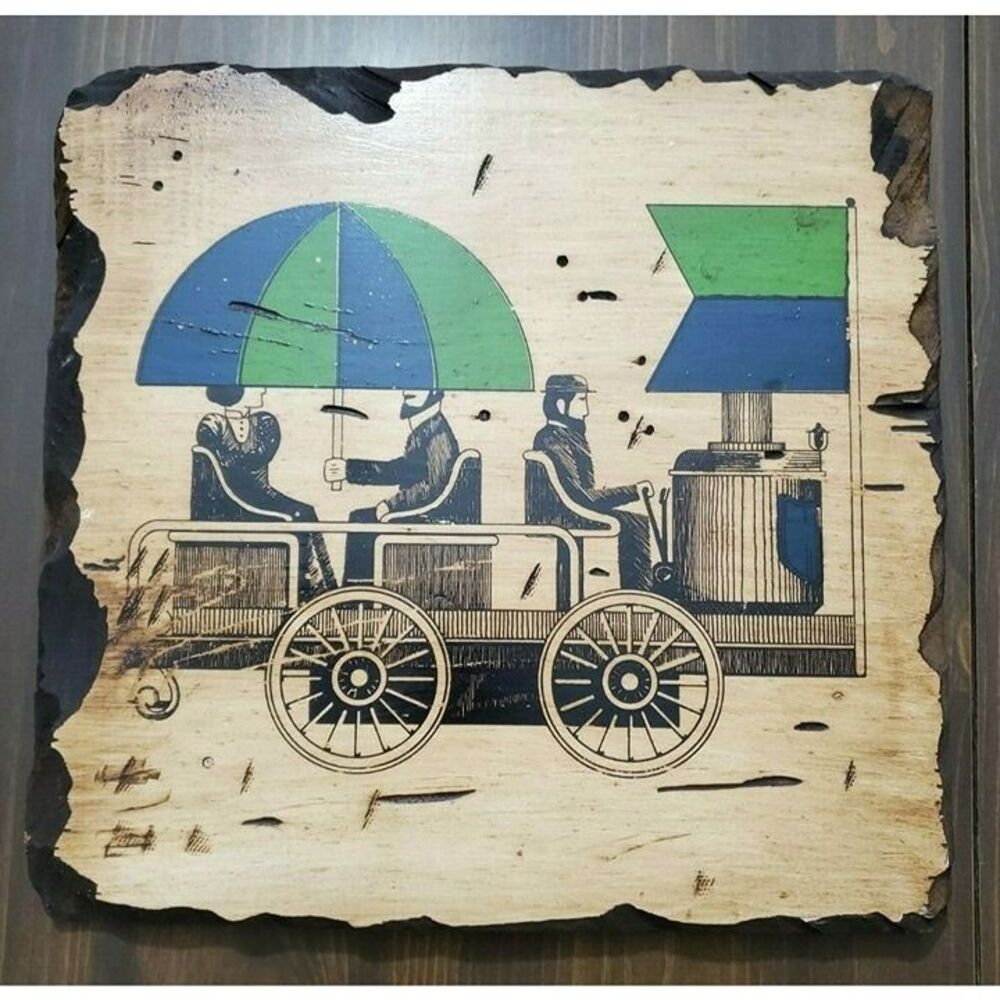 Vintage Wall Plaque Screen Print on Wood of Steam Engine MCM 1970's 11" x 12"